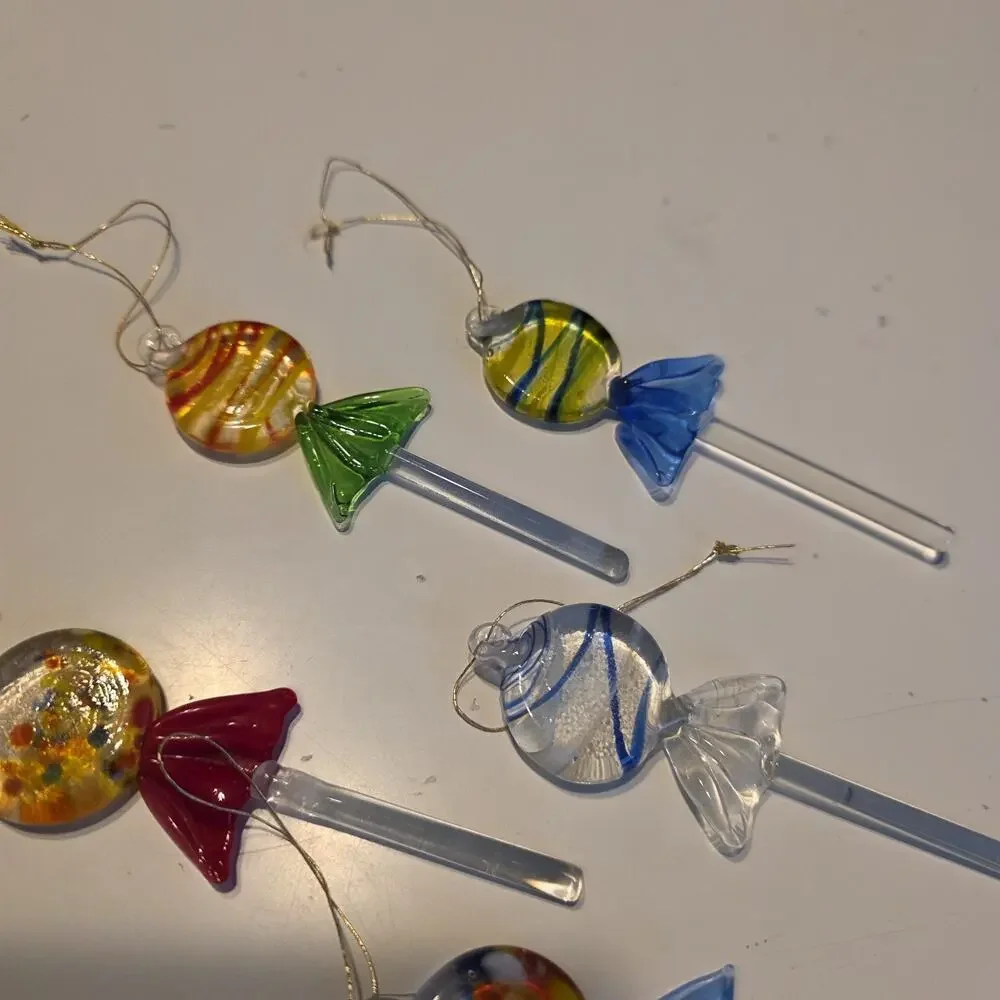 Set of 14 Vintage Murano Style Blown Glass Lollipop Ornament Christmas Candy Art